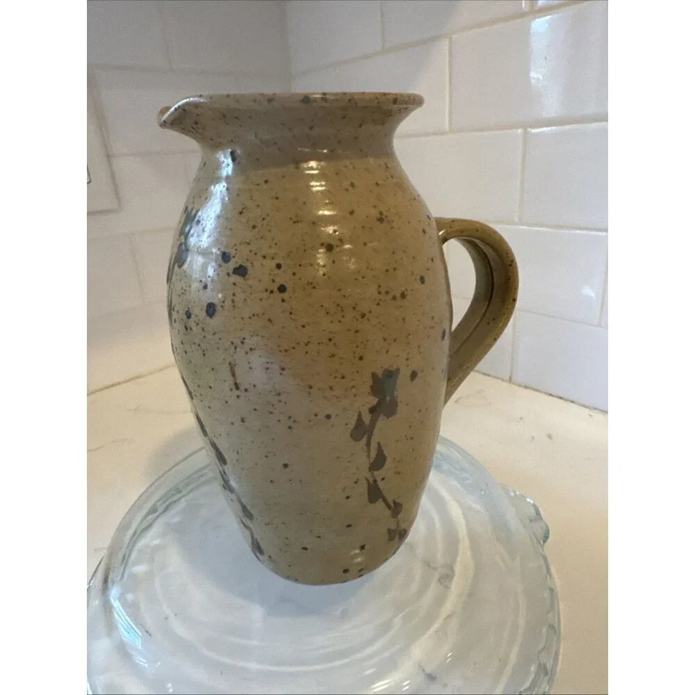 Small Handmade Pitcher Brown With Flowers 7 1/2 Tall Vintage